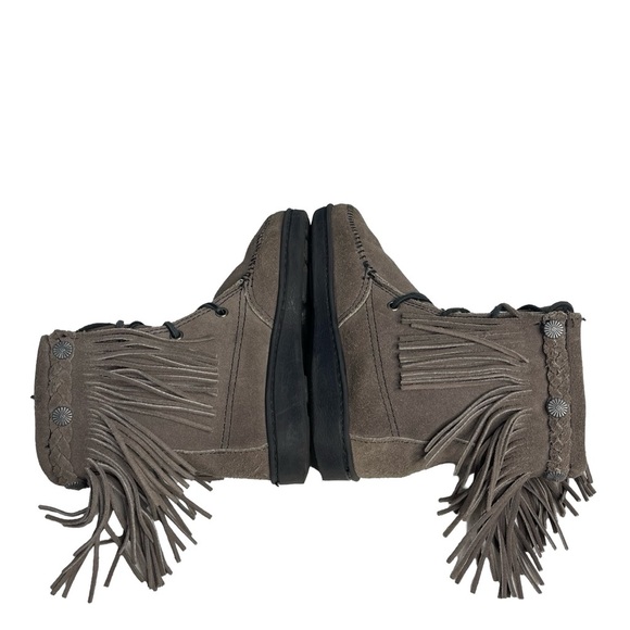 Minnetonka Tramper Boot Moccasins- Gray Suede Fringe Lace Up Boho Womens 5 - Picture 5 of 11